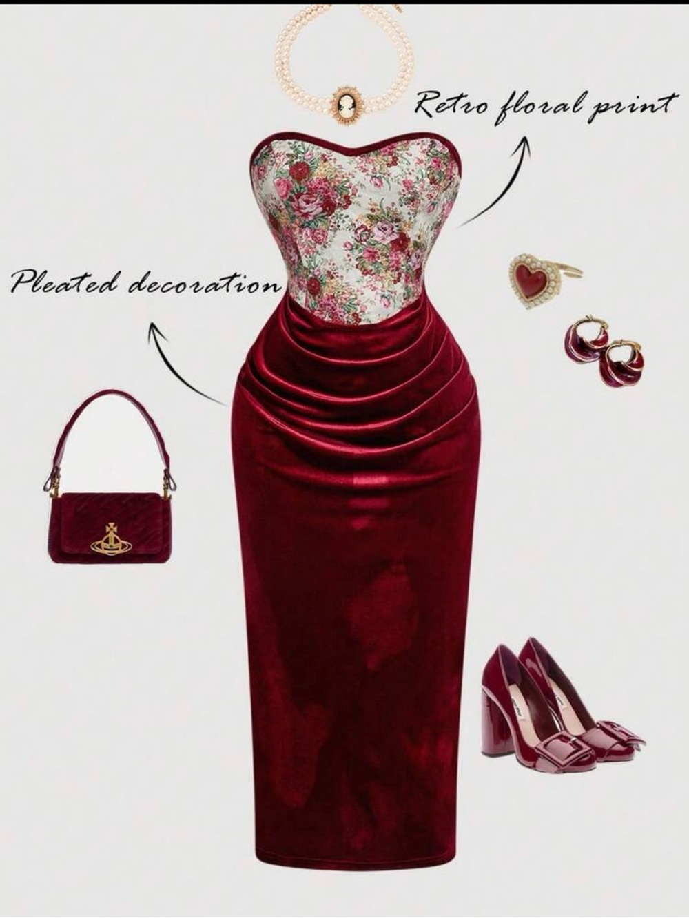 Retro Floral Bustier Pencil Skirt in Deep Wine